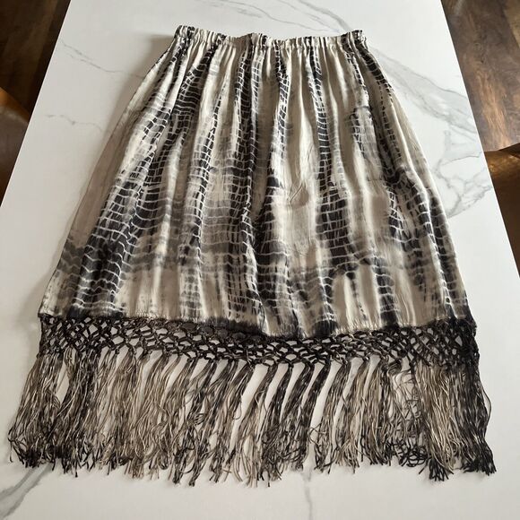 Womens CHICOS 1 Brown Black and Beige Tie Dye Fringed Skirt Pull On Sz Small NWT - Picture 1 of 9